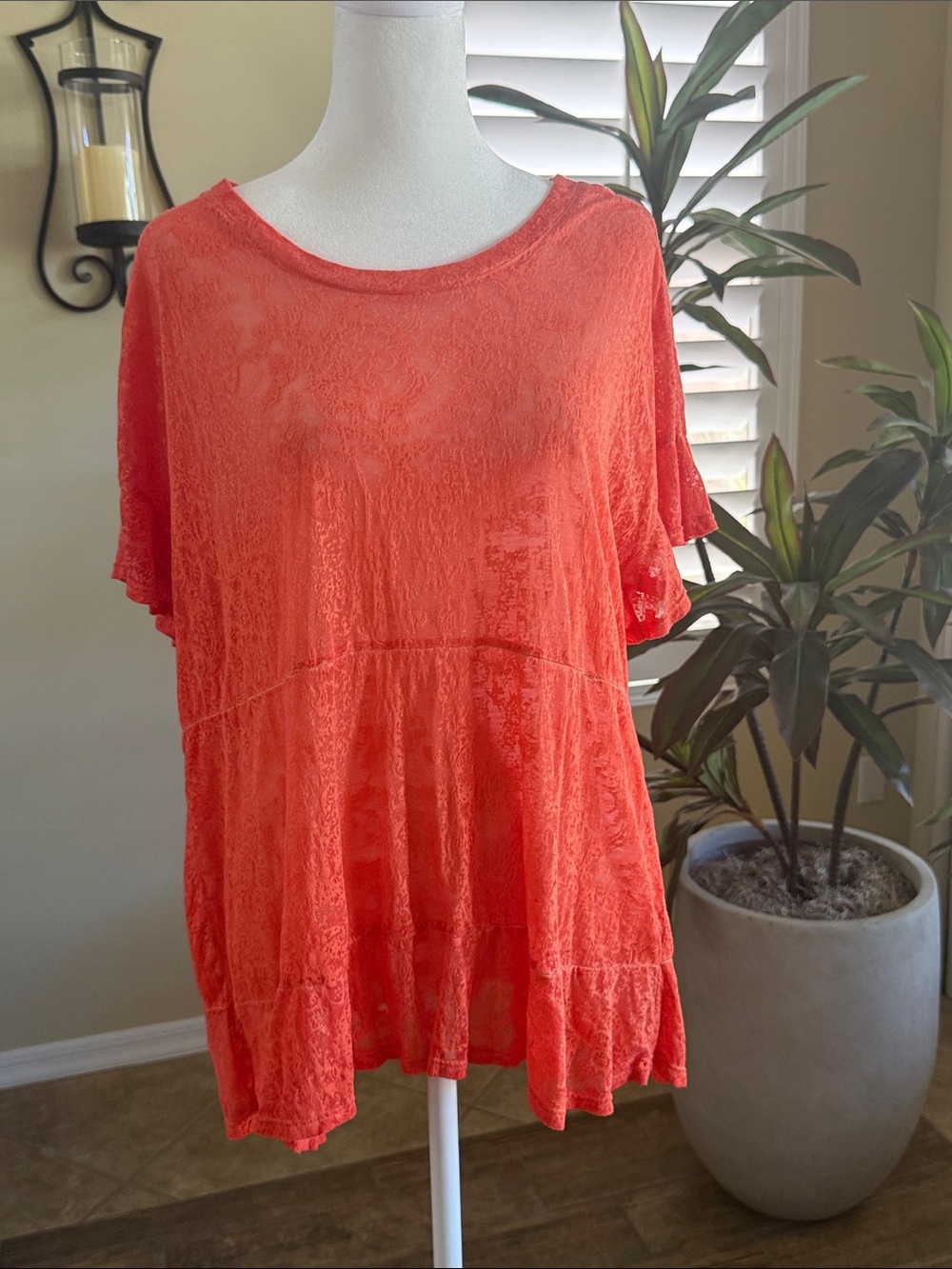 Democracy Women's Sheer Coral Lace Tiered Tunic Top